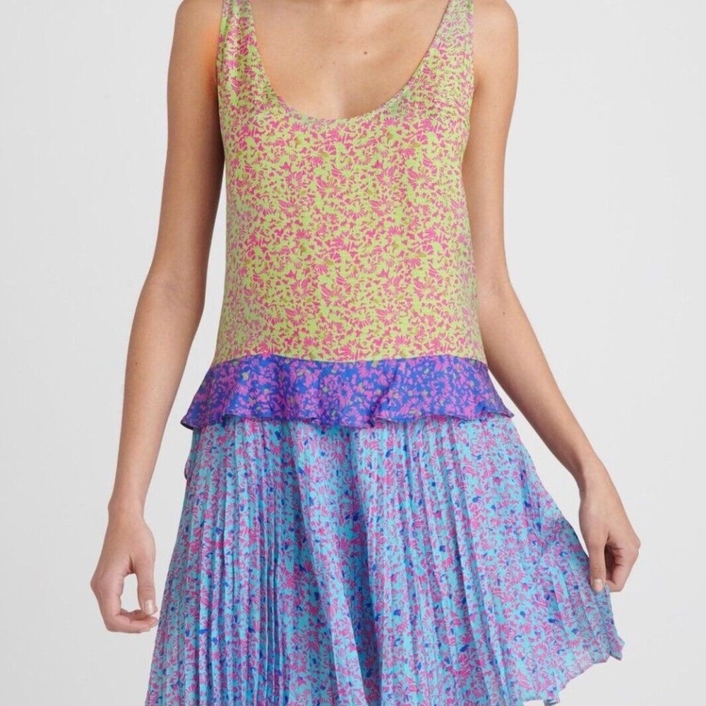 Tanya Taylor Cordelia Pleated Asymmetrical Floral Dress S